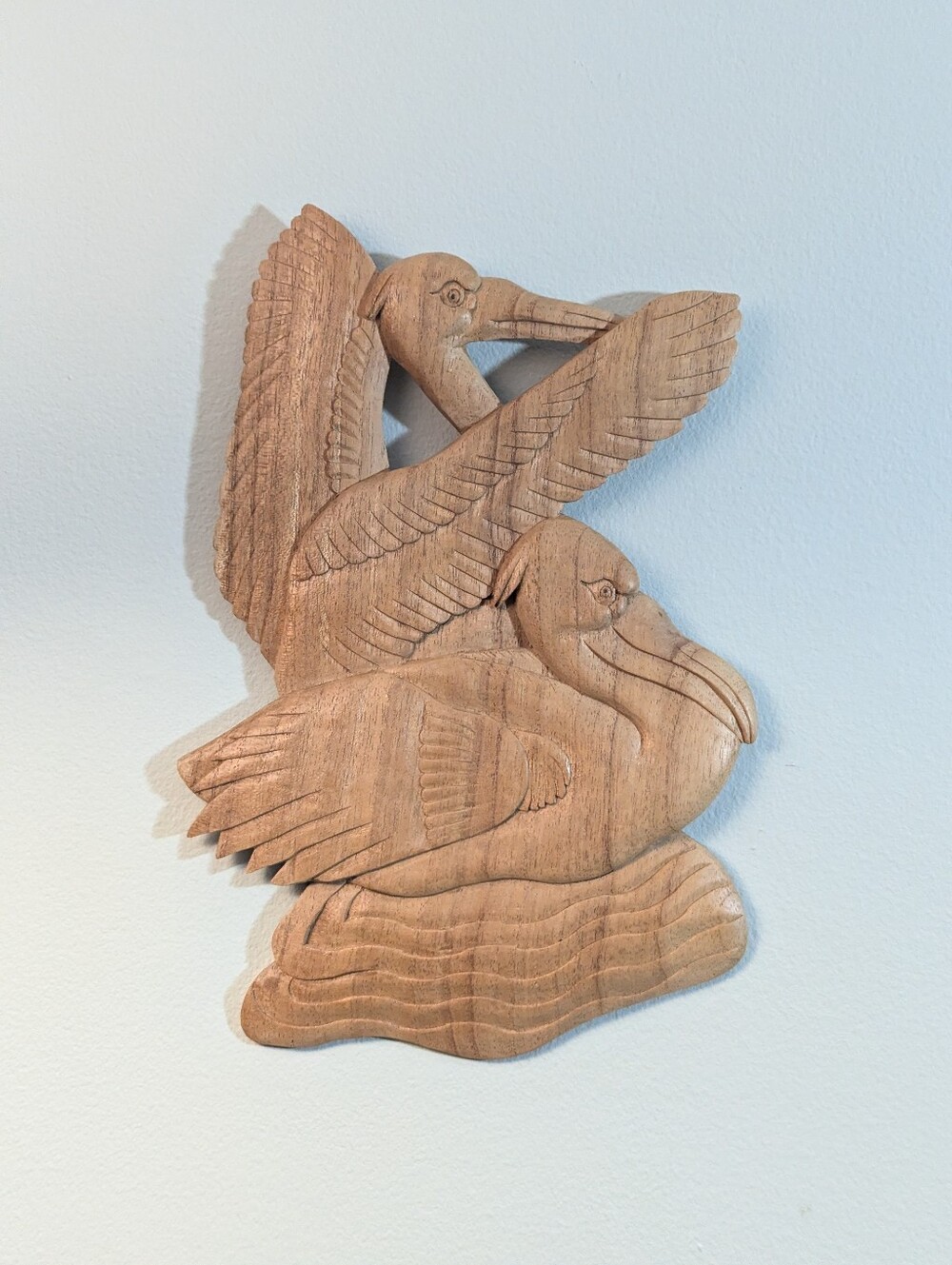 Vintage Carved Wooden Grain Pelican Birds Wall Hanging Decor 11.5" Tall Coastal